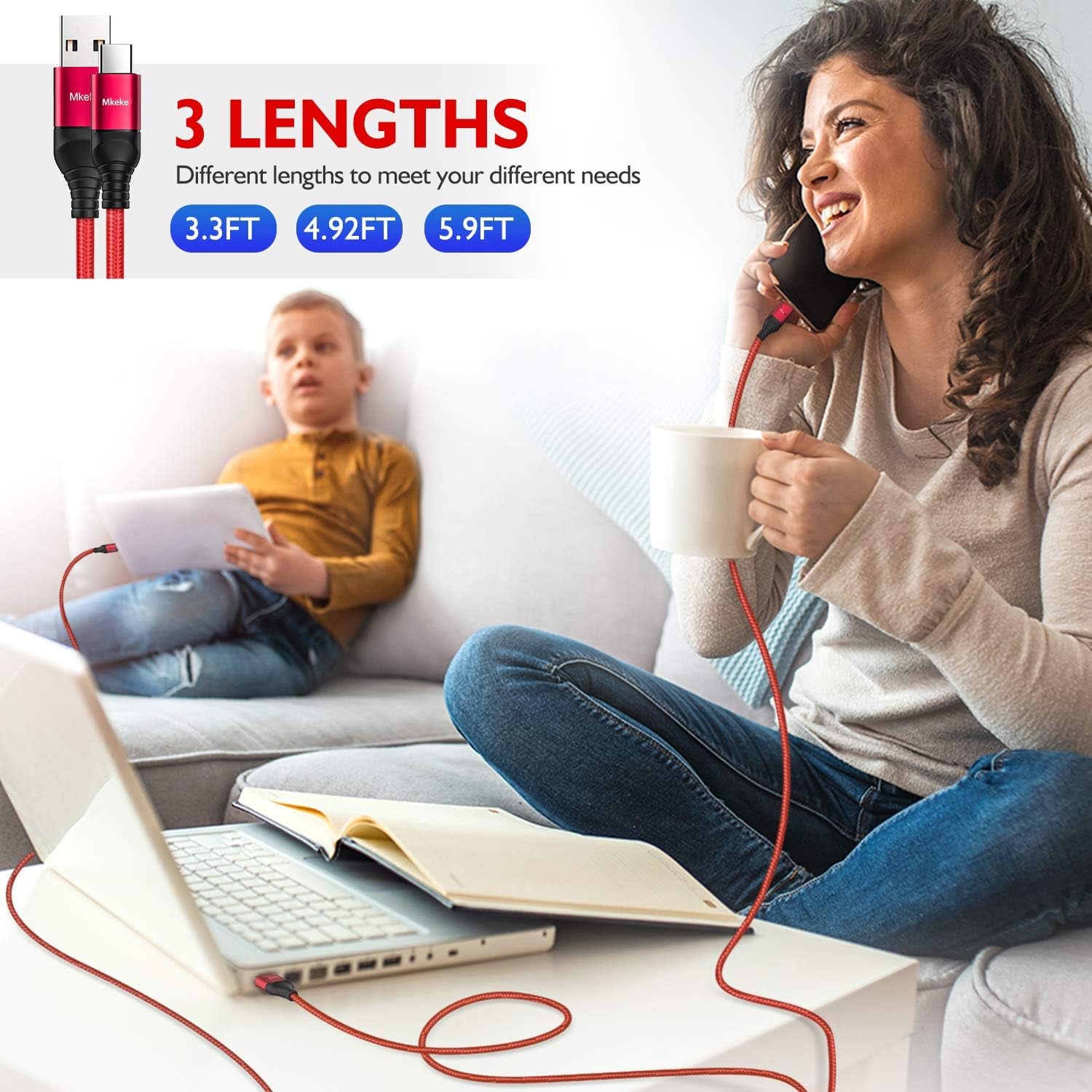 Mkeke 3 Pack 5.9Ft USB 2.0 Male-To-Male Data Sync & Fast Charge Cable for Smartphones, Laptops, Tablets