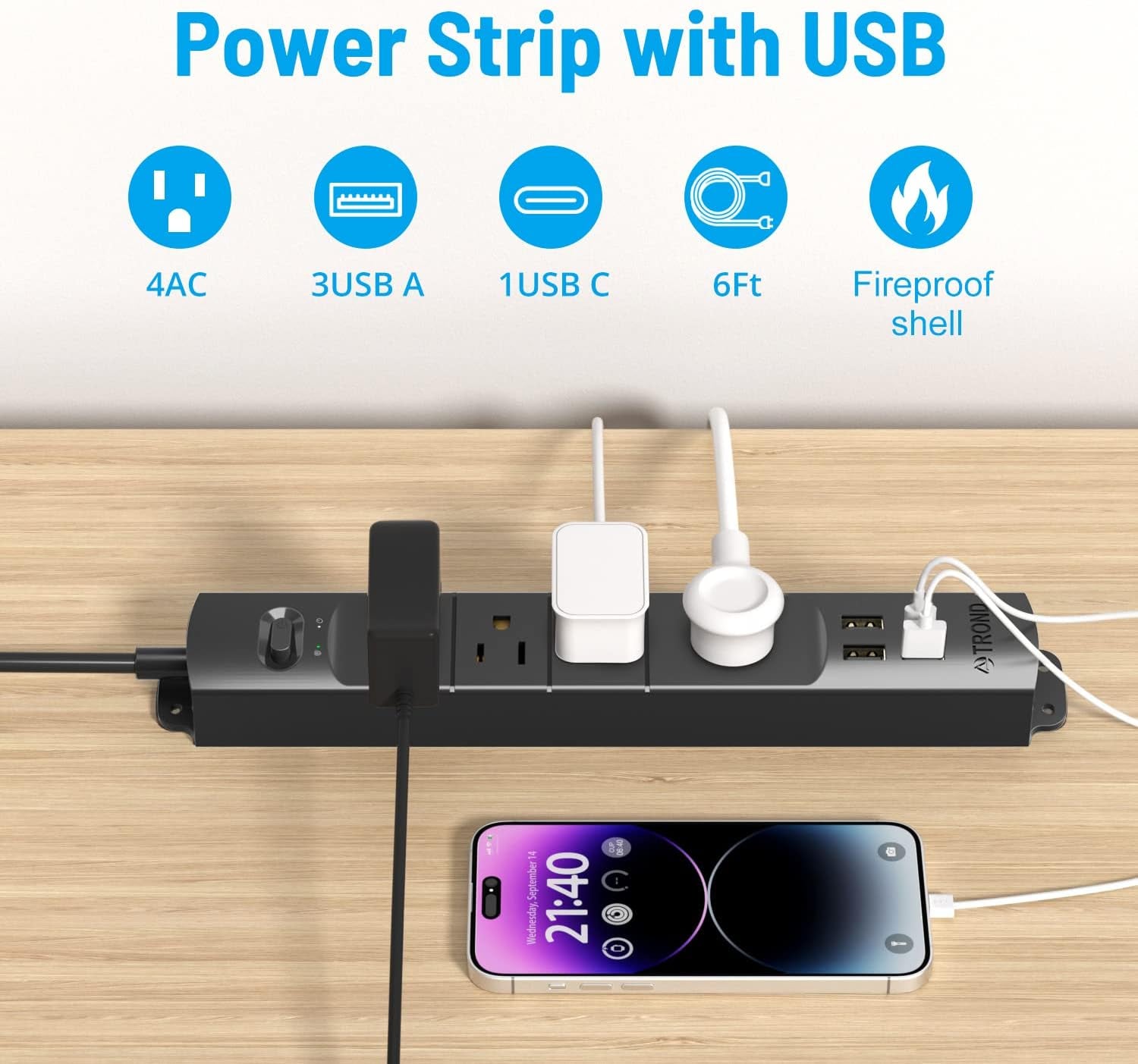 Surge Protector Power Strip with USB, Ultra Thin Flat Plug 6Ft Long Extension Cord 1625W, 3 USB a & 1 Type C, 4 AC Outlets 1440J Surge Protection Wall Mount for Home Office Dorm Room, Black